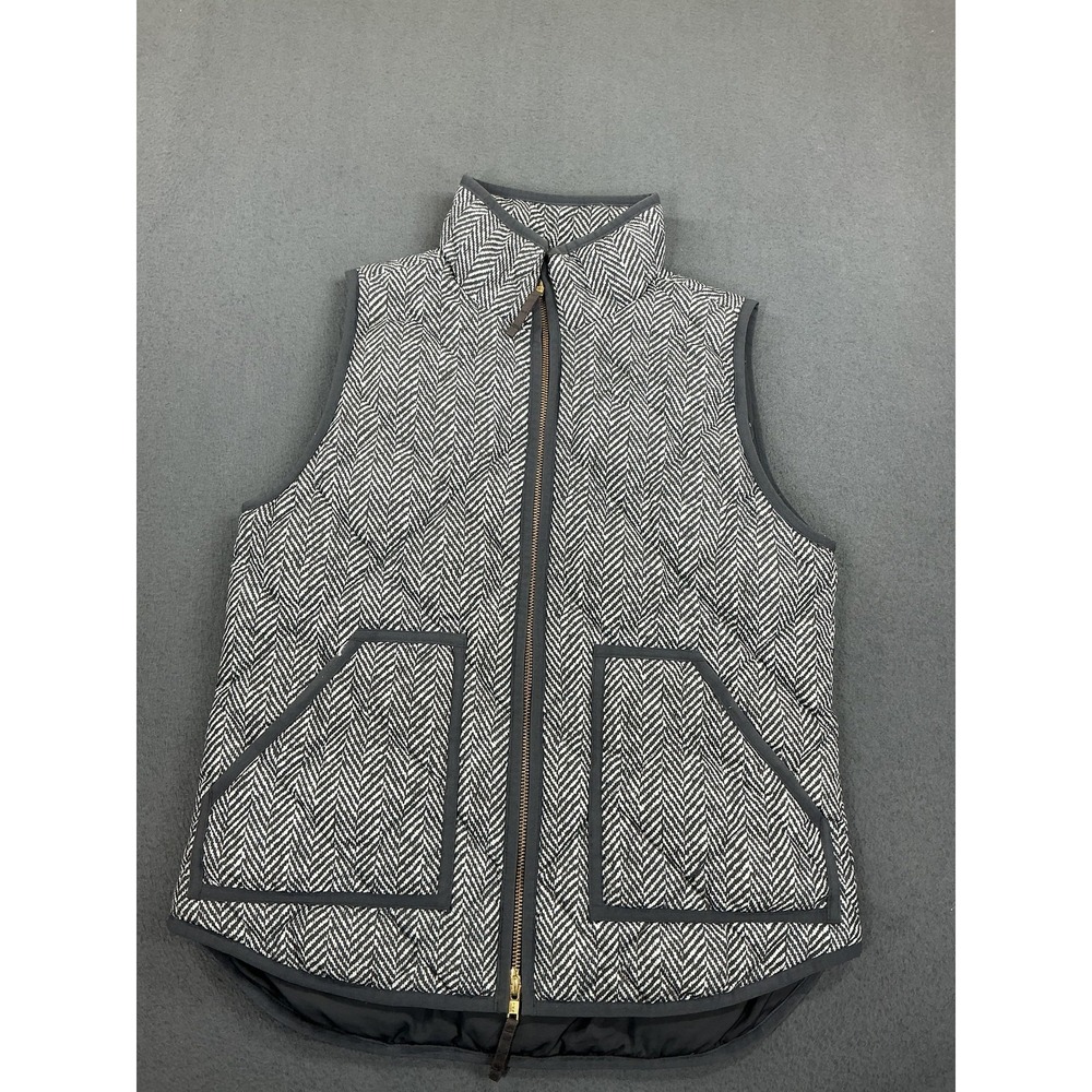 J Crew Vest Womens Small Gray Herringbone Quilted Down Puffer Pockets Preppy‎